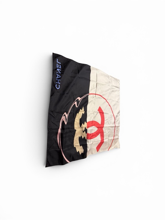 CHANEL Accessories - CHANEL Black, Cream & Red Logo Silk Scarf